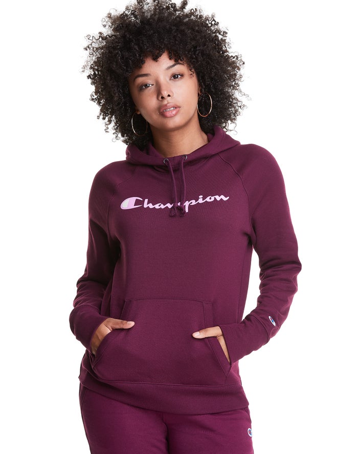 Champion Dame Hættetrøje MørkeLilla - Powerblend Fleece Script Logo - Danmark BEJ-613275